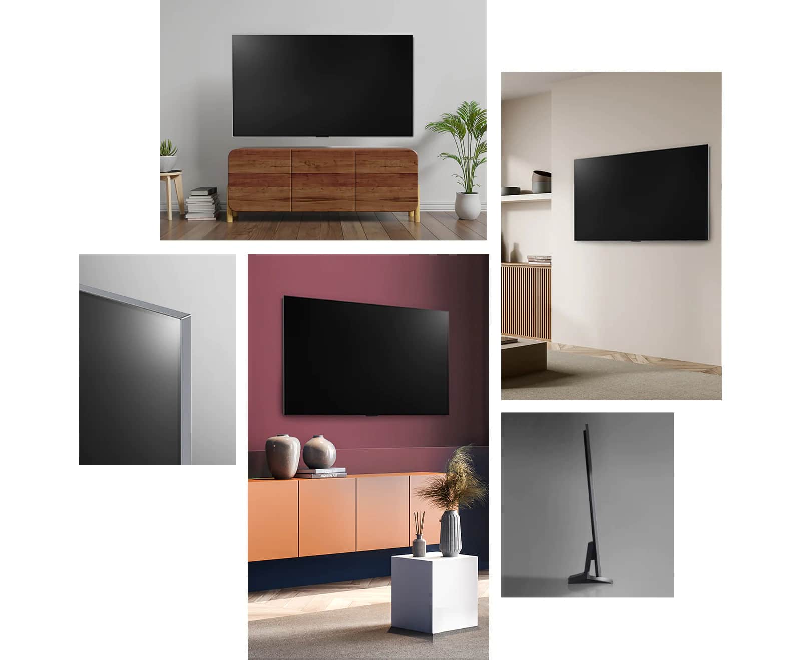 Telewizor LG OLED G2 wisi na ścianie w salonie, w którym znajdują się rośliny, stosy książek i staromodna szafka. Telewizor LG OLED G2 wisi na ścianie w minimalistycznie urządzonym pokoju obok szafki z jednokolorowymi ozdobami. Widok z boku ultracienkiej ramki telewizora LG OLED G2. Telewizor LG OLED G2 wisi na kolorowej ścianie w salonie przyozdobionym suchą planetą, dyfuzorem i wazonami. Zbliżenie na ramkę ultracienkiego telewizora LG OLED G2. 