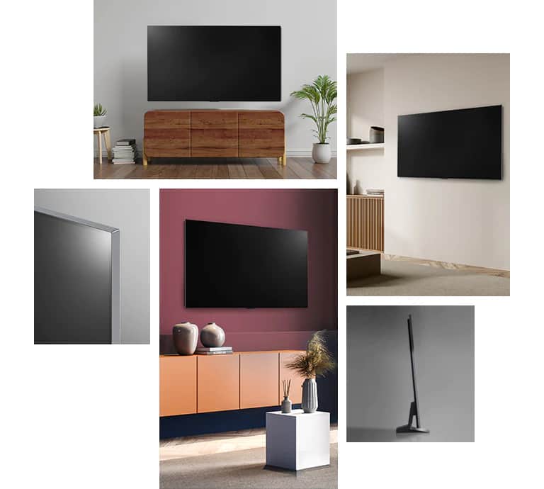 Telewizor LG OLED G2 wisi na ścianie w salonie, w którym znajdują się rośliny, stosy książek i staromodna szafka. Telewizor LG OLED G2 wisi na ścianie w minimalistycznie urządzonym pokoju obok szafki z jednokolorowymi ozdobami. Widok z boku ultracienkiej ramki telewizora LG OLED G2. Telewizor LG OLED G2 wisi na kolorowej ścianie w salonie przyozdobionym suchą planetą, dyfuzorem i wazonami. Zbliżenie na ramkę ultracienkiego telewizora LG OLED G2. 