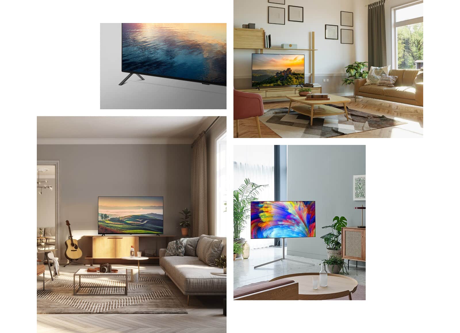 Widok z boku na nogi podstawy telewizora LG OLED A2.  Telewizor LG OLED A2 stojący na drewnianym stojaku w neutralnym pokoju dziennym z roślinami i książkami. Telewizor LG OLED A2 z podstawką Gallery Stand znajduje się w rogu pokoju o miętowych ścianach z kilkoma roślinami. Telewizor LG OLED A2 stojący na drewnianym stojaku w neutralnym pokoju dziennym z gitarą, aparatem i roślinami.