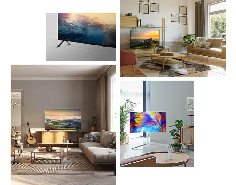 Widok z boku na nogi podstawy telewizora LG OLED A2.  Telewizor LG OLED A2 stojący na drewnianym stojaku w neutralnym pokoju dziennym z roślinami i książkami. Telewizor LG OLED A2 z podstawką Gallery Stand znajduje się w rogu pokoju o miętowych ścianach z kilkoma roślinami. Telewizor LG OLED A2 stojący na drewnianym stojaku w neutralnym pokoju dziennym z gitarą, aparatem i roślinami.