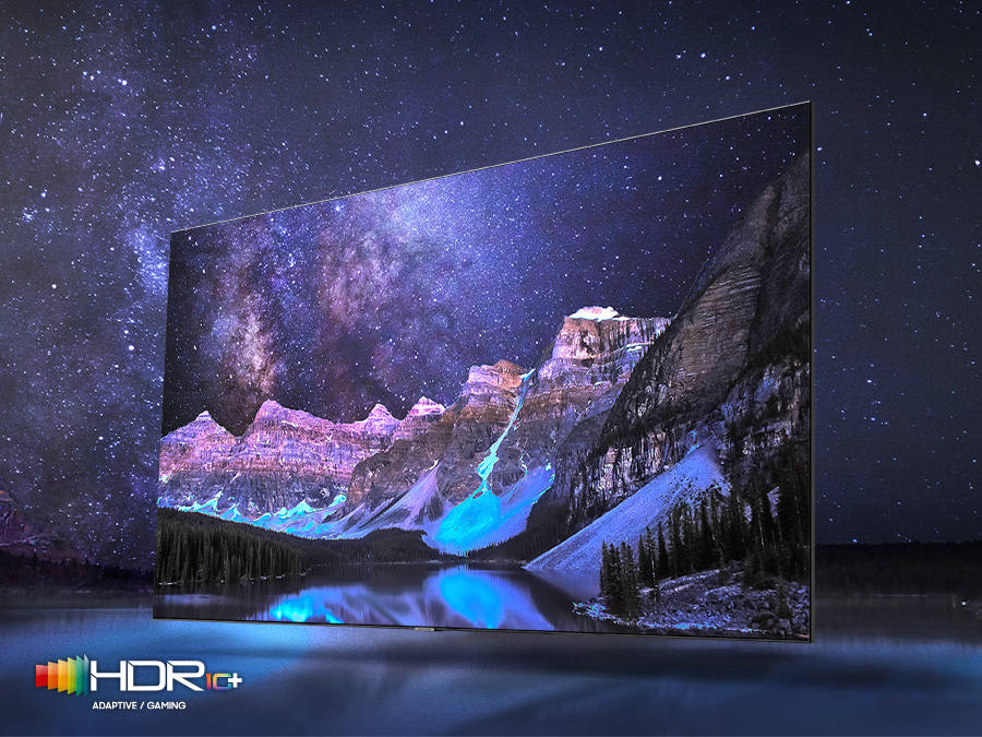 Telewizor QLED wyświetla detale i kontrasty obrazu przyrodniczego dzięki Quantum HDR 12x. Na dole znajduje się logo HDR 10+ ADAPTIVE/GAMING. Q80BATXXH
