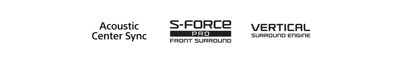 Logotypy technologii audio: Acoustic Center Sync, S-Force PRO Front Surround i Vertical Surround Engine