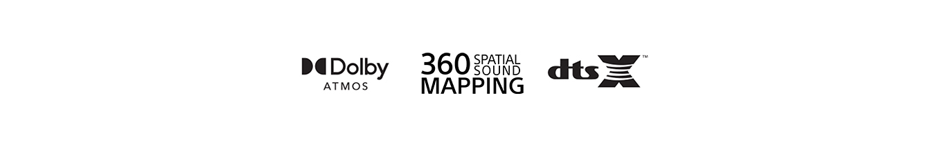 Logotypy technologii audio: Dolby Atmos, 360 Spatial Sound Mapping i DTS:X stosowane w telewizorach BRAVIA i systemach kina domowego Sony