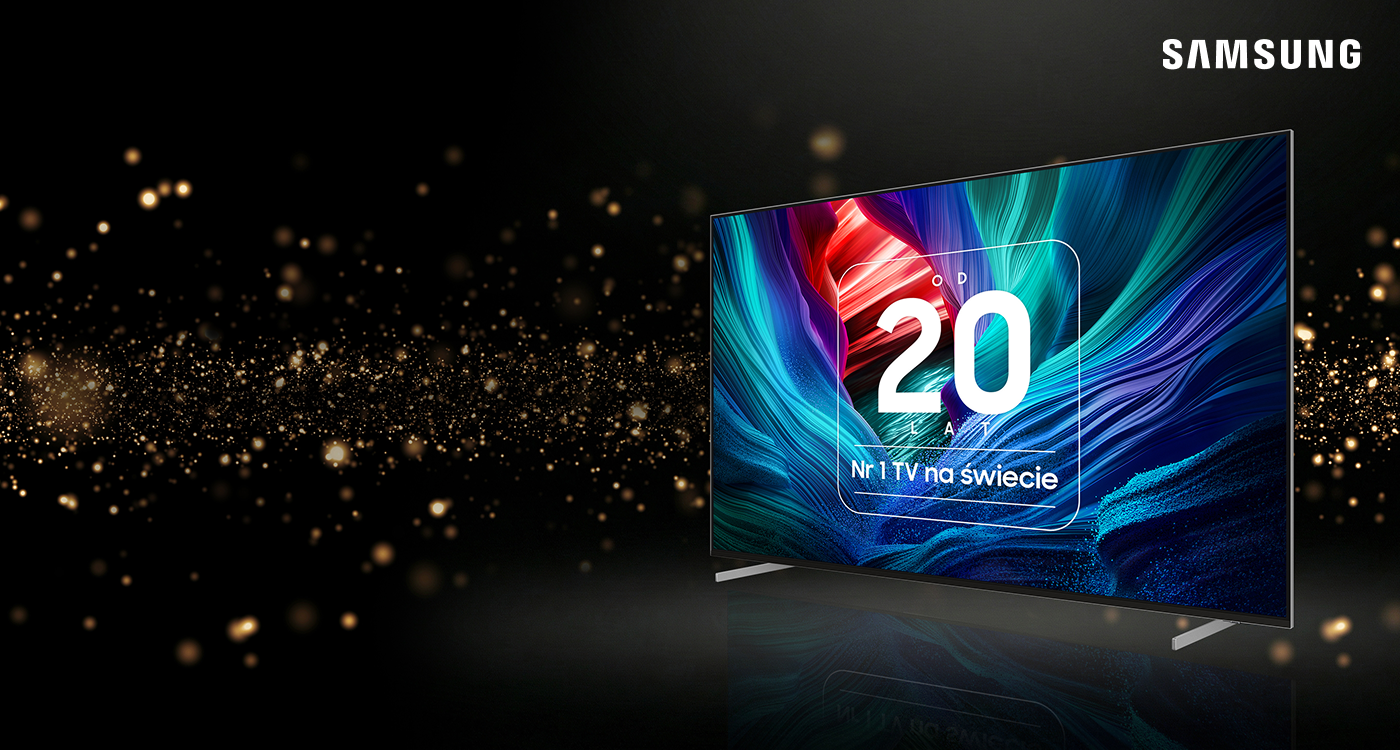 Telewizor stojący z ukosa na czarnym tle, na ekranie którego jest napis „Od 20 lat nr 1 TV na świecie”.