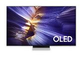 Ekran telewizora w fioletowo-zółtych barwach z napisem „OLED”.
