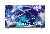 Ekran telewizora w pastelowych, jasno-fioletowych odcieniach z napisem „Neo QLED 8K