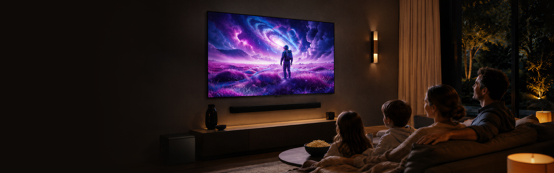 Rodzina oglądająca film na telewizorze Samsung z soundbarem