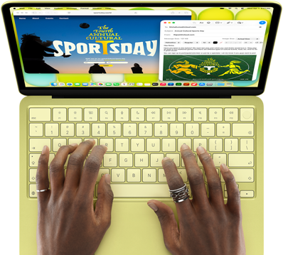 MacBook Neo w kolorze cytrusowożółtym, dłonie na klawiaturze, użytkownik pisze mejla z zaproszeniem na wydarzenie sportowe, obok widoczna jest otwarta strona internetowa z informacjami o wydarzeniu