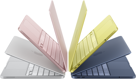 L}Laptopy MacBook Neo w kolorach srebrnym, subtelnego różu, cytrusowożółtym i indygo, lekko otwarte i ułożone w łuk