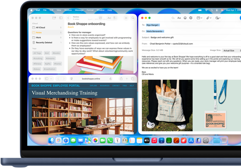 MacBook Neo w kolorze indygo, na ekranie widać wiadomość e-mail z powitalnym pozdrowieniem dla nowej pracowniczki księgarni, inne okna zawierają dokument z Notatek o wdrożeniu i stronę internetową portalu dla pracowników księgarni w Safari