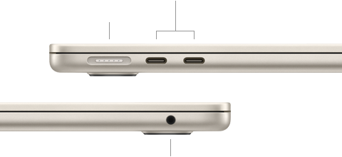 Zamknięty MacBook Air, pokazany z lewego boku, gdzie widać port MagSafe i dwa porty Thunderbolt, oraz z prawego, gdzie widać gniazdo słuchawkowe
