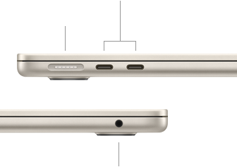Zamknięty MacBook Air, pokazany z lewego boku, gdzie widać port MagSafe i dwa porty Thunderbolt, oraz z prawego, gdzie widać gniazdo słuchawkowe
