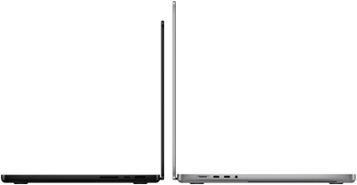 14- i 16-calowy MacBook Pro ustawione tyłem do siebie, ukazują różnicę w rozmiarze i wyjątkowo smukły profil