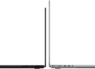 14- i 16-calowy MacBook Pro ustawione tyłem do siebie, ukazują różnicę w rozmiarze i wyjątkowo smukły profil