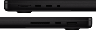 Prezentacja portów w MacBooku Pro. Z lewej strony: MagSafe 3, dwa porty Thunderbolt i gniazdo słuchawkowe. Z prawej strony: gniazdo na kartę SDXC, jeden port Thunderbolt i port HDMI