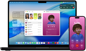 MacBook Pro i iPhone 16 Plus, otwarta aplikacja Telefon, ten sam kontakt wyświetlony na obu ekranach