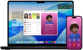 MacBook Pro i iPhone 16 Plus, otwarta aplikacja Telefon, ten sam kontakt wyświetlony na obu ekranach