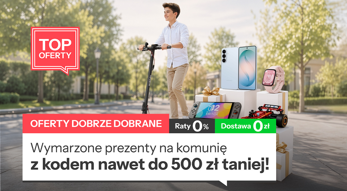 Chłopiec stojący na hulajnodze elektrycznej na ulicy. Przed nim góra prezentów w tym telefon, smartwatch, nintendo, model samochodu f1
