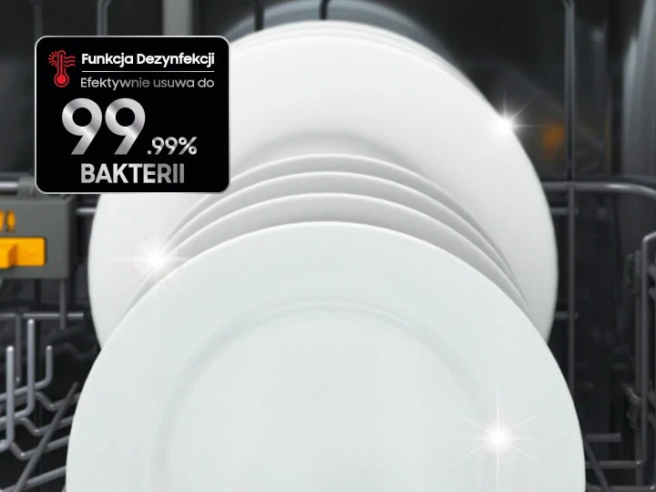 Zmywarka Samsung z funkcją dezynfekcji eliminującą z naczyń bakterie podczas zmywania.