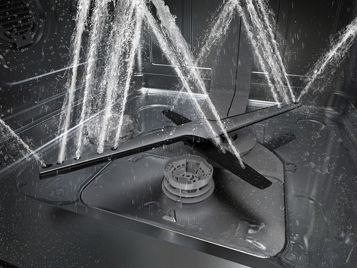 Wnętrze zmywarki Samsung z systemem WaterJet Clean i strumieniami wody.