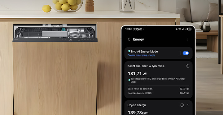 Zmywarka Samsung i smartfon z aplikacją SmartThings do monitorowania zużycia energii.