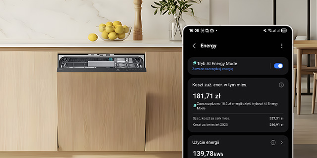 Zmywarka Samsung i smartfon z aplikacją SmartThings do monitorowania zużycia energii.